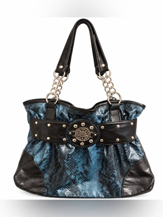 Handbags - Blue & Black Snakeskin Print Studded Chain Strap Shoulder Bag